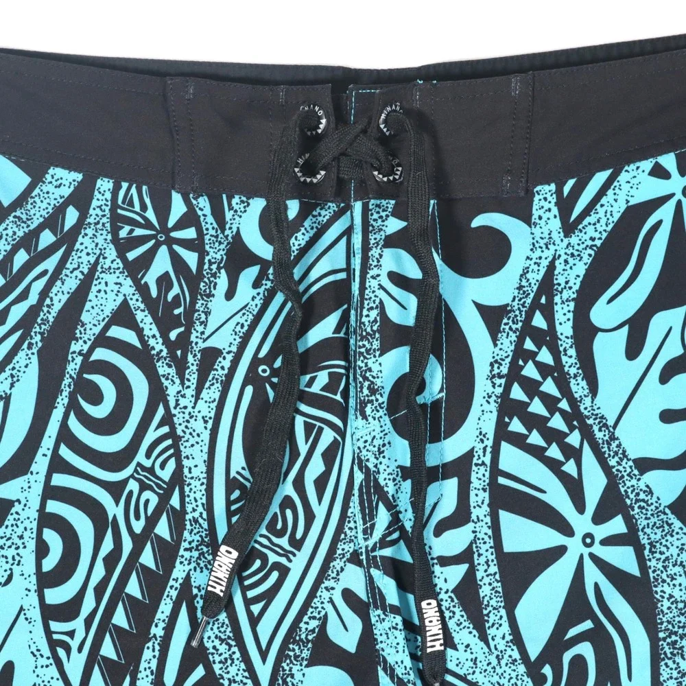 Hinano Tahiti Board Shorts Mens 32 Turquoise Black Tribal Print Stretch Surfing